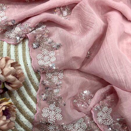 Women's Soft Pink Organza Saree with Delicate Pearl & Sequin Floral Embroidery – Lightweight Sheer Drape for Festive, Wedding & Party Wear